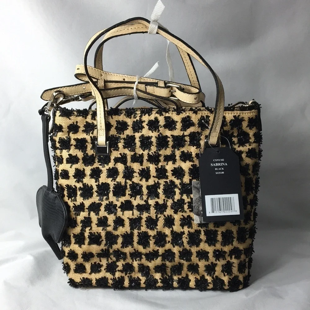 Christian Siriano Sabrina Woven Raffia Bag Tan and Black NEW with Tags